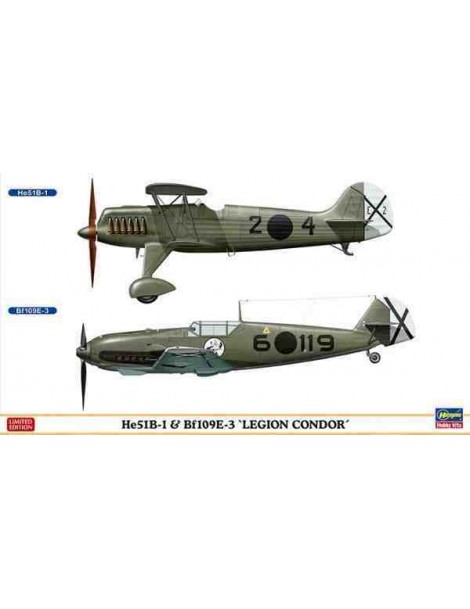 Avión Estático de Plástico, He51B-1 y Bf109E-3 LEGION cóndor , Escala 1/72  fabricante Hasegawa. Modelismo Aviones. Bilti Hobby.